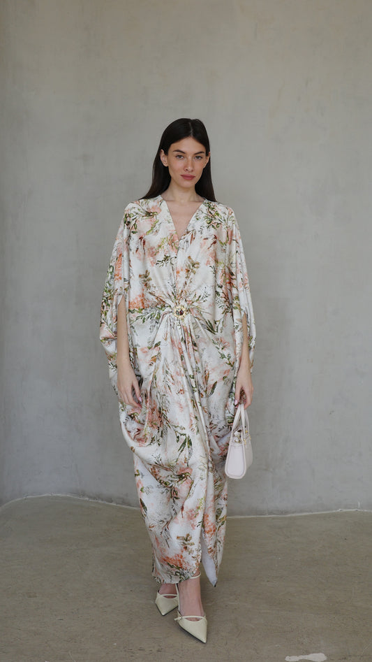 שמלת עטלף כיווצים אבזם פירנצה | שמנת/ירוק