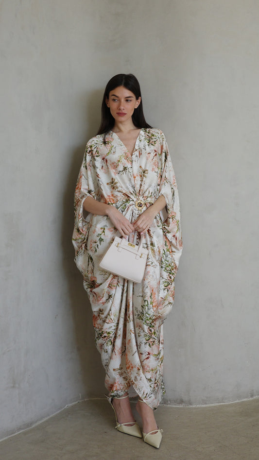 שמלת עטלף כיווצים אבזם פירנצה | שמנת/ירוק