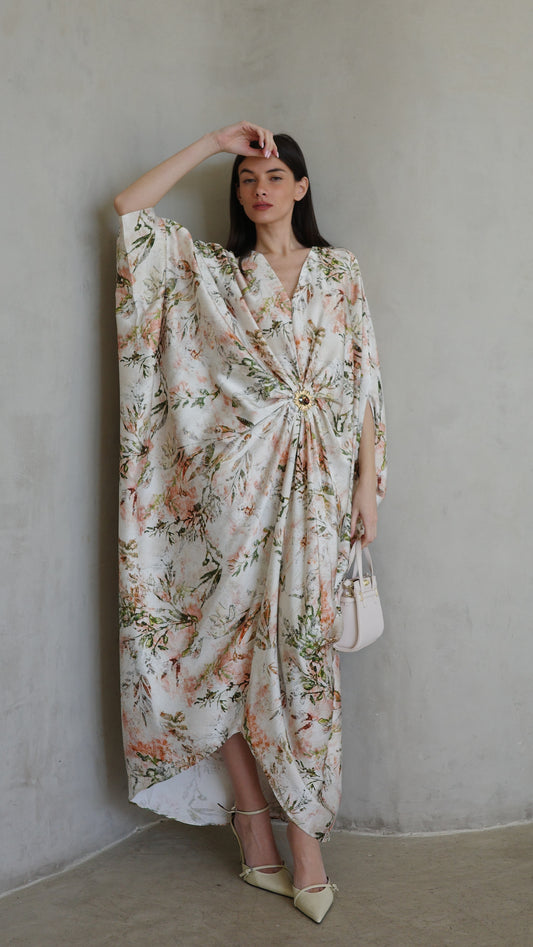 שמלת עטלף כיווצים אבזם פירנצה | שמנת/ירוק