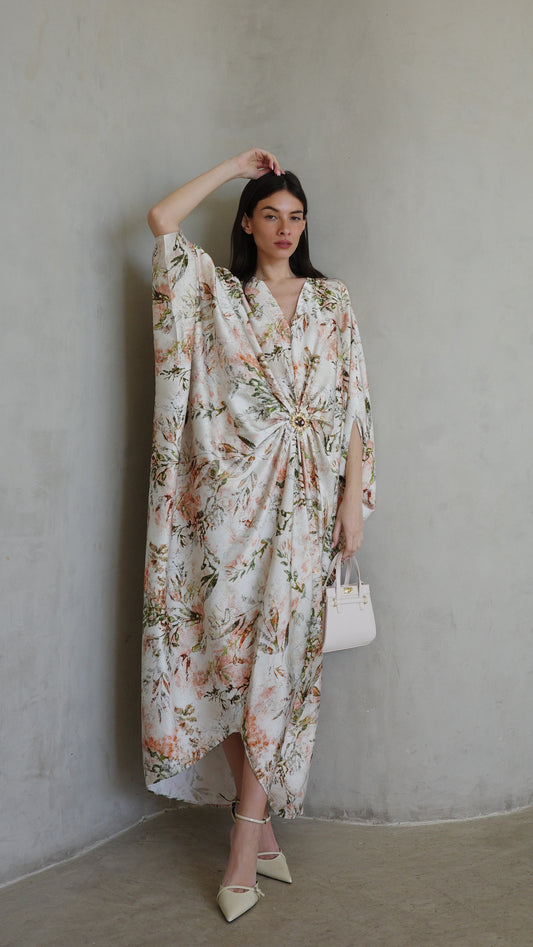 שמלת עטלף כיווצים אבזם פירנצה | שמנת/ירוק