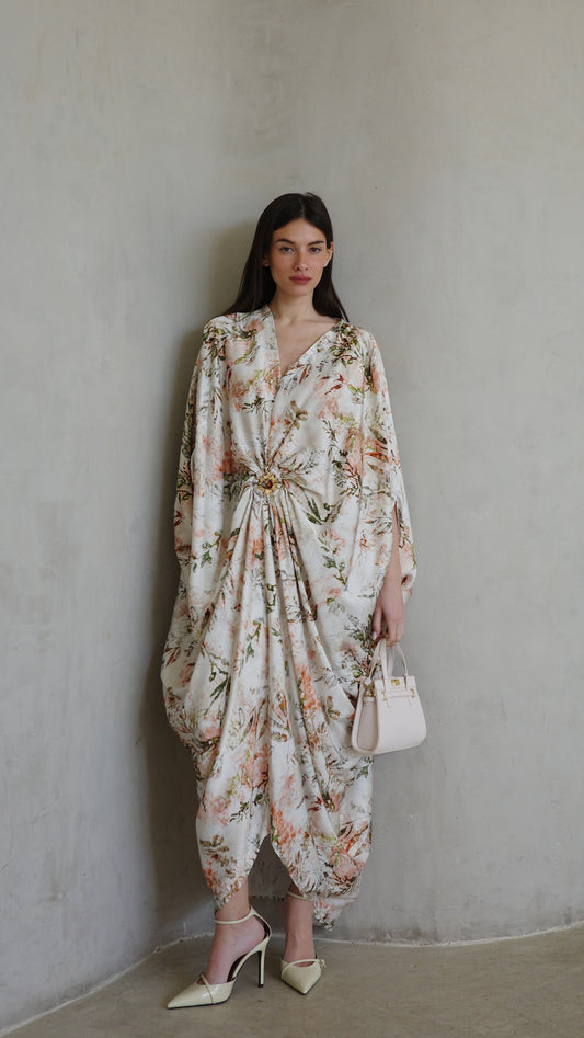 שמלת עטלף כיווצים אבזם פירנצה | שמנת/ירוק