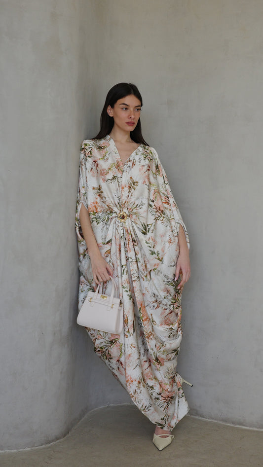 שמלת עטלף כיווצים אבזם פירנצה | שמנת/ירוק