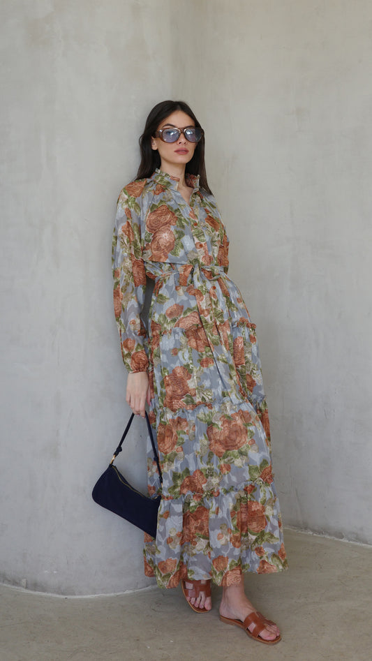 שמלת שיפון קלוש קומות פלווארס נויה | אפור/ירוק