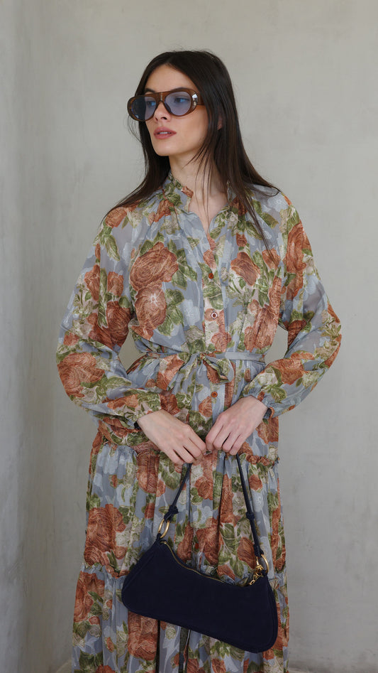 שמלת שיפון קלוש קומות פלווארס נויה | אפור/ירוק