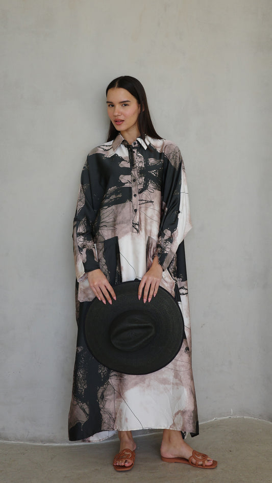 שמלת מקסי אוברסייז עטלף הילטון | שחור/בז