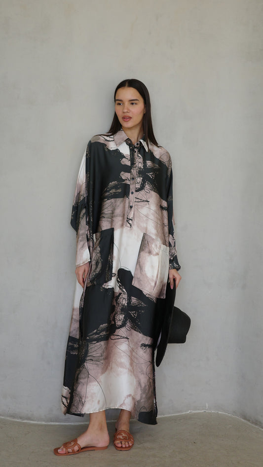 שמלת מקסי אוברסייז עטלף הילטון | שחור/בז