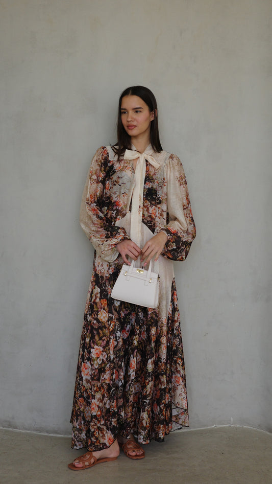 שמלת קלוש עניבה קארינה פרחוני | שמנת