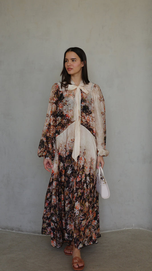 שמלת קלוש עניבה קארינה פרחוני | שמנת