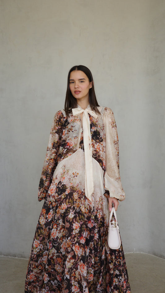 שמלת קלוש עניבה קארינה פרחוני | שמנת