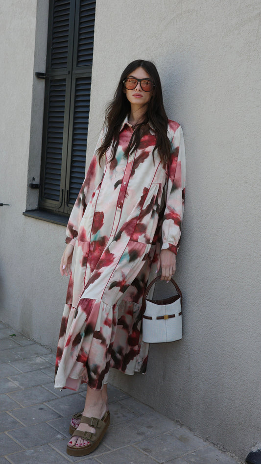 שמלת קלוש כפתורים טקסטורה אשלי | שמנת/ורוד