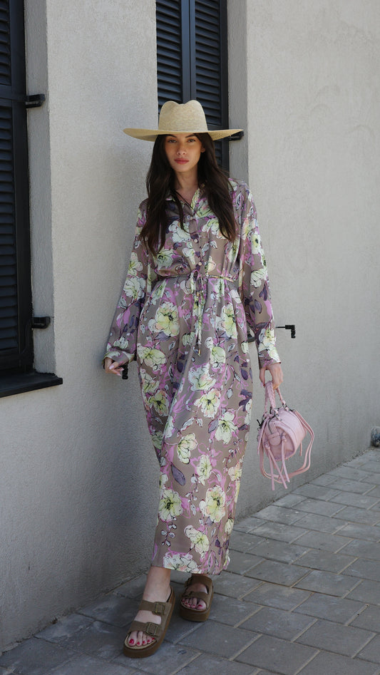 שמלת מקסי גלביה קלאסי פרח | בז/ורוד