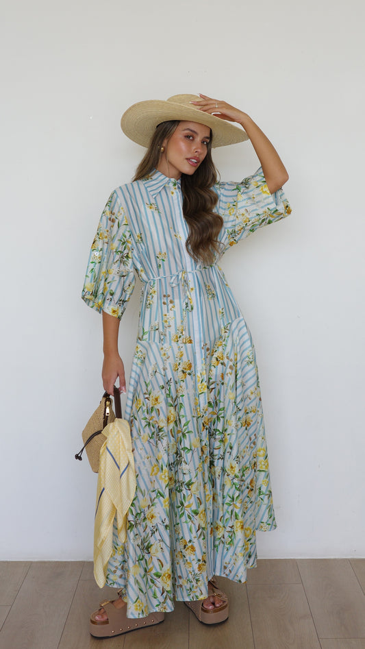 שמלת קלוש פסים פרחוני מקארתי | תכלת