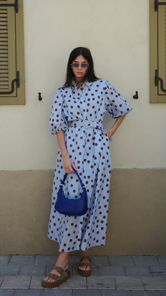 שמלת מידי שרוול בלון דוט מרגו | תכלת/חום