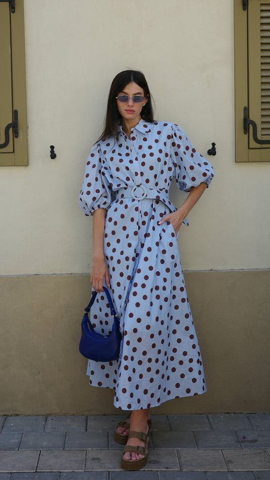 שמלת מידי שרוול בלון דוט מרגו | תכלת/חום