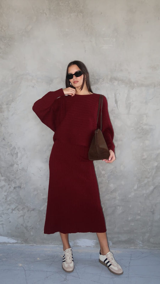 חליפת חצאית סריג טקסטורה צמות | בורדו