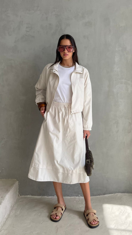 חליפת חצאית ניילון משולבת גקט רוכסן | שמנת