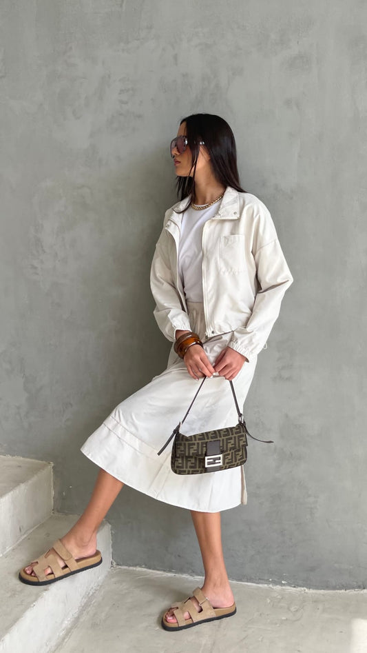 חליפת חצאית ניילון משולבת גקט רוכסן | שמנת