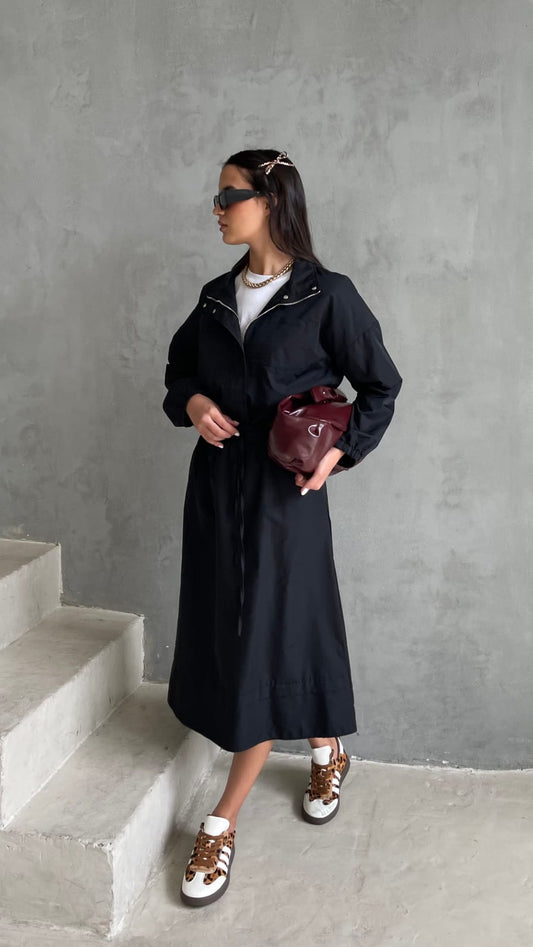 חליפת חצאית ניילון משולבת גקט רוכסן | שחור