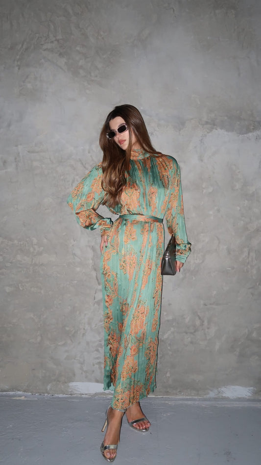 שמלת מידי פליסה קנדרה | מנטה/כתום