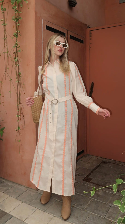 שמלת פשתן כפתורים חגורה אנסטסיה | בז