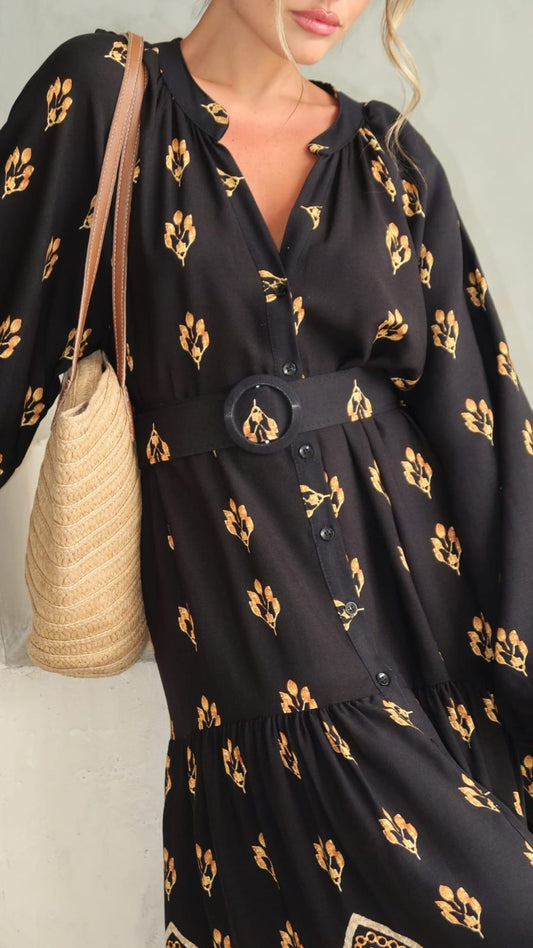 שמלת גלביה חגורה היילי | שחור