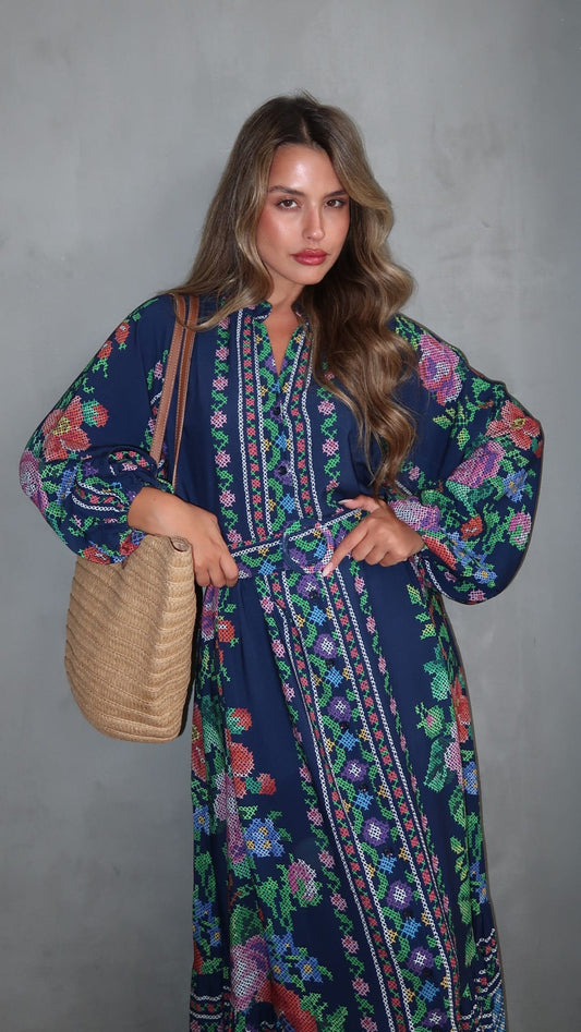 שמלת גלביה חגורה בוורלי | כחול