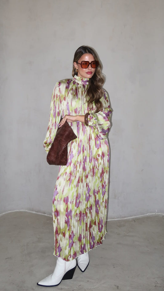 שמלת מידי פליסה קנדרה | ירוק/סגול