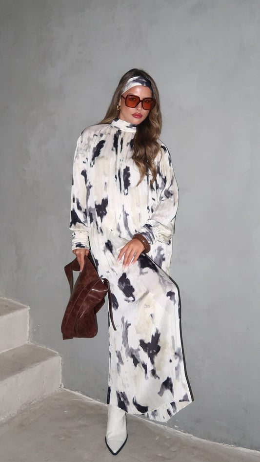 שמלת מידי פליסה קנדרה | שמנת/אפור