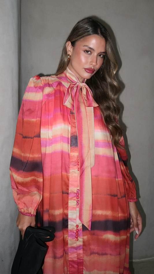 שמלת שיפון מודפס ולריה | אדום/כתום