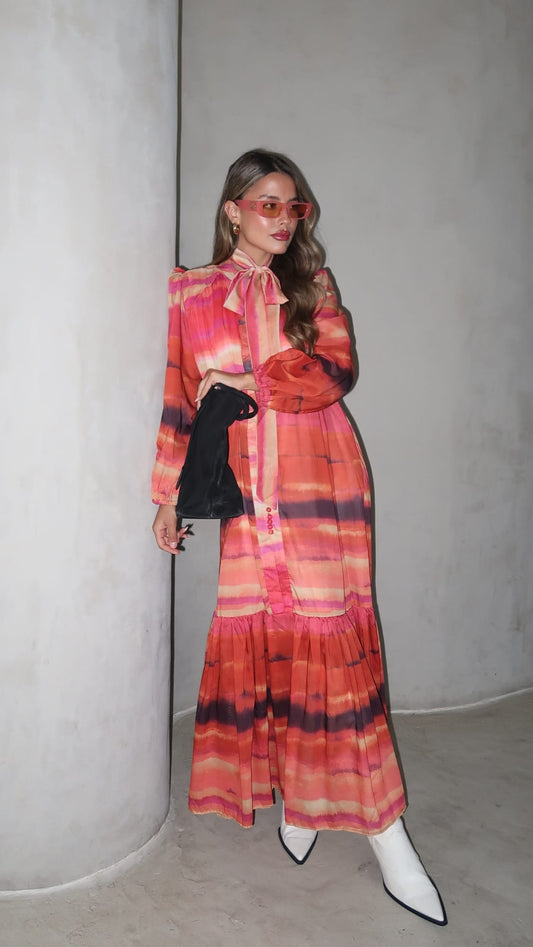 שמלת שיפון מודפס ולריה | אדום/כתום