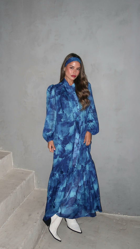 שמלת שיפון מודפס ולריה | כחול