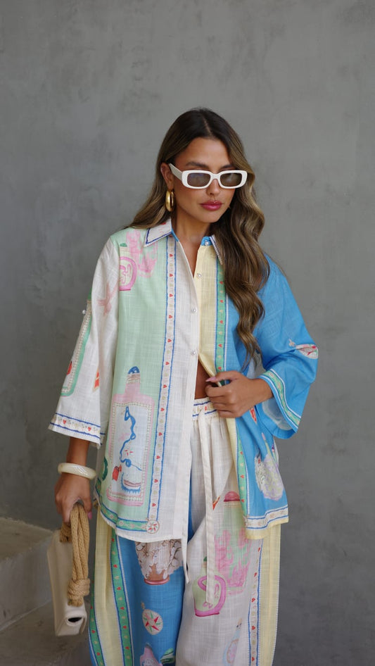 חליפת מכנס מנילה | בז/תכלת