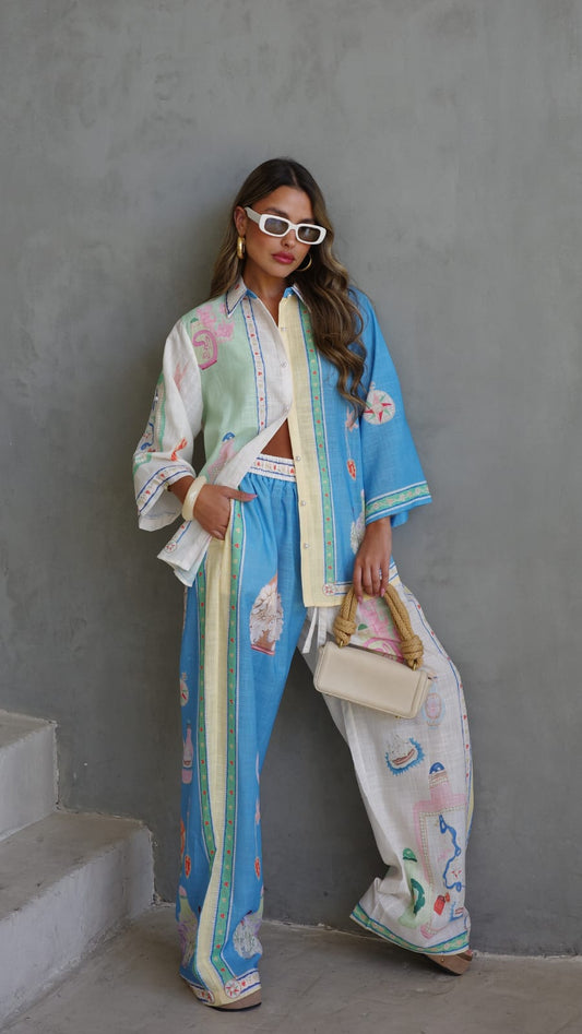 חליפת מכנס מנילה | בז/תכלת