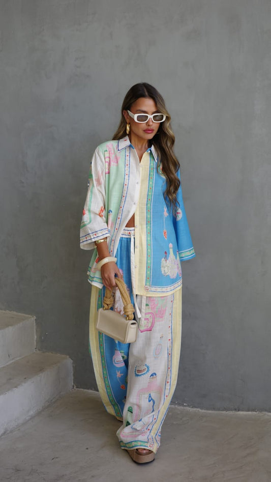 חליפת מכנס מנילה | בז/תכלת