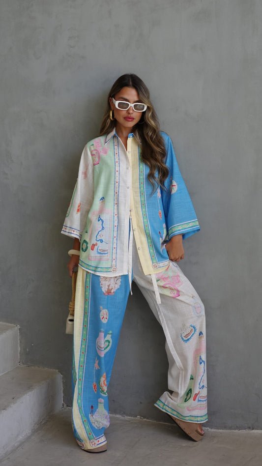 חליפת מכנס מנילה | בז/תכלת