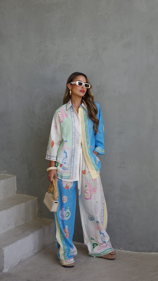 חליפת מכנס מנילה | בז/תכלת