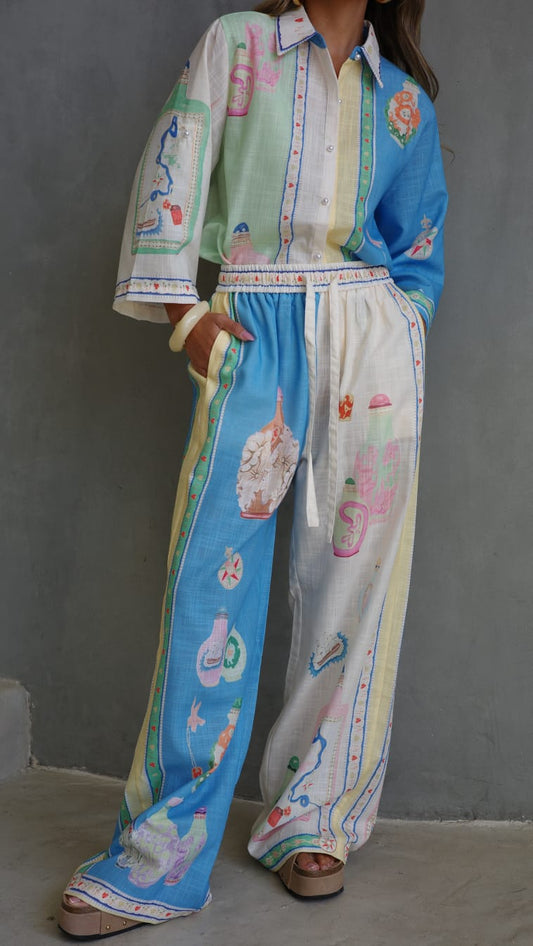 חליפת מכנס מנילה | בז/תכלת