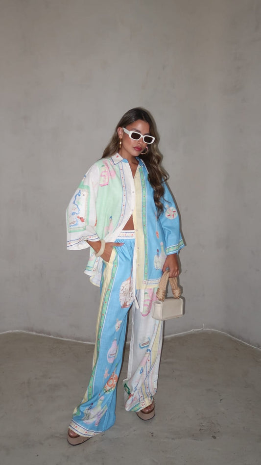 חליפת מכנס מנילה | בז/תכלת