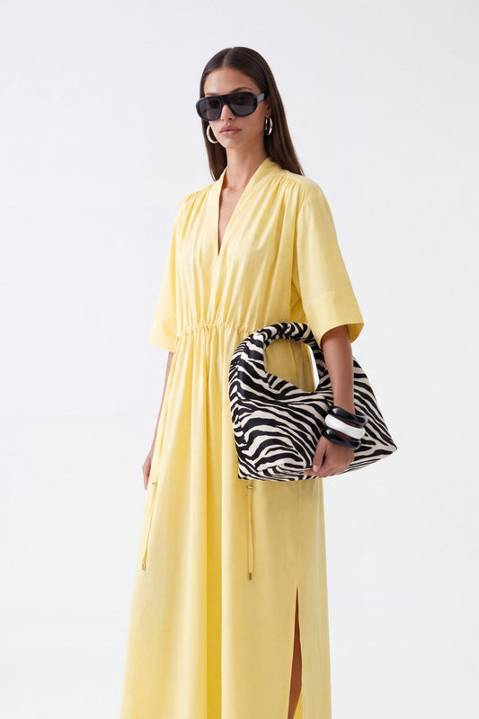 AURELIA CINCHED MIDI DRESS - צהוב