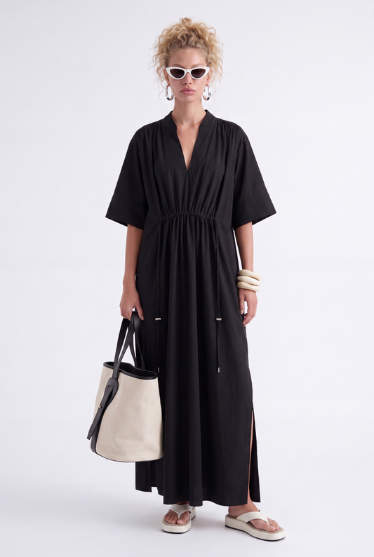 AURELIA CINCHED MIDI DRESS - שחור