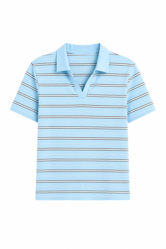 Classic Rib Striped Polo T Shirt-Sky Blue & Brown