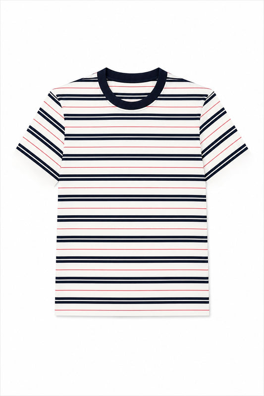 Classic Cotton Rib Striped T Shirt – cream-Navy