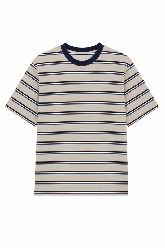 Classic Cotton Rib Striped T Shirt – beige-navy