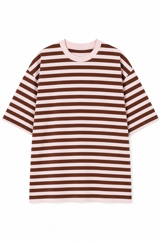 Oversized Striped Basic T-Shirt – Pink & Brown