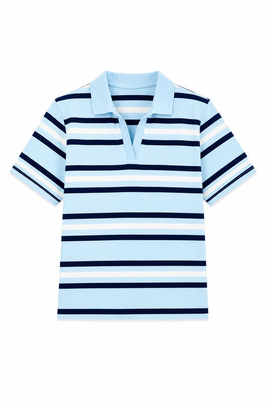Classic Rib Striped Polo T Shirt-Sky Blue & Navy