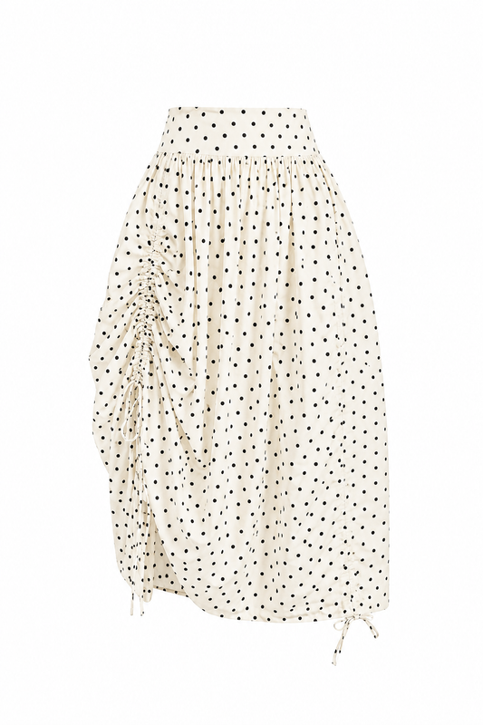 Balloon Drawstring Midi Skirt - Cream Polka Dot