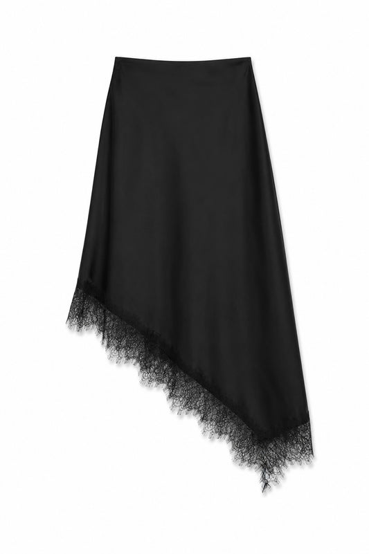 Lace Trim Asymmetric Satin Skirt - Black