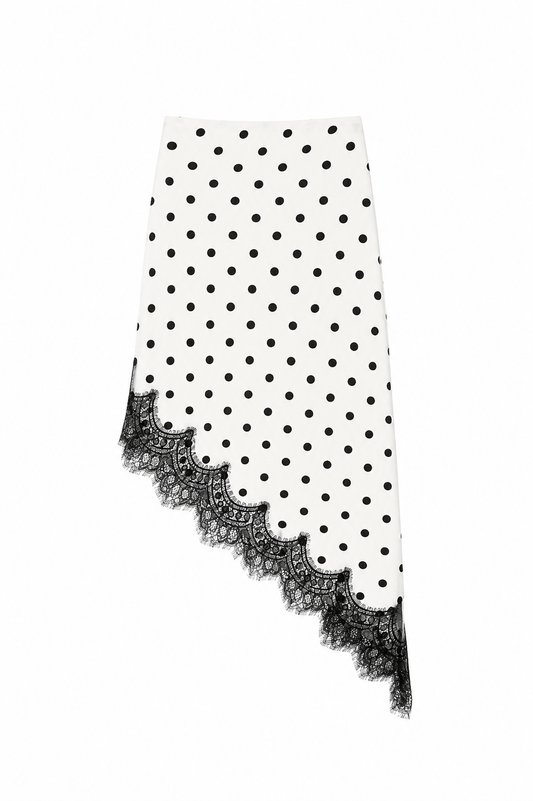Polka Dot Lace Trim Asymmetric Satin Skirt - Cream