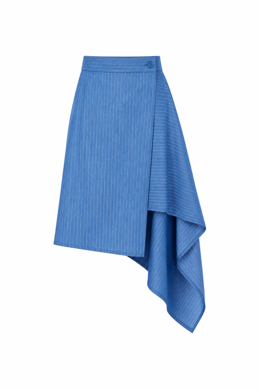 Pinstripe Asymmetric Wrap Skirt - Sky Blue