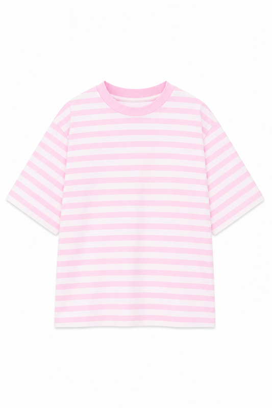 Oversized Striped Basic T-Shirt – Pink & Cream